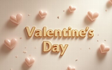 Wall Mural - Valentineâ???s Day in a classic serif gold font with subtle shadows, placed on a cream-colored background