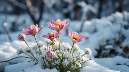 Wall Mural - A small group of pink flowers are in a snow-covered field