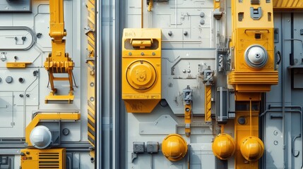 Poster - Abstract Industrial Background with Yellow and Gray Elements Featuring Pipes, Switches, Circuits, and Mechanical Components for Modern Design and Technology Themes