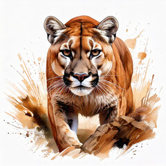 Wall Mural - A stealthy mountain lion prowling through rocky terrain, created with sleek and curving brushstrokes to capture its predatory motion. The design is dynamic and bold, set on a clean white background