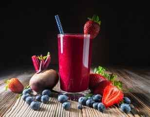 Wall Mural - Beetroot and berry smoothie promoting healthy lifestyle on rustic wooden table