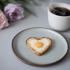 Canvas Print - Heart-shaped fried egg on toast with coffee.