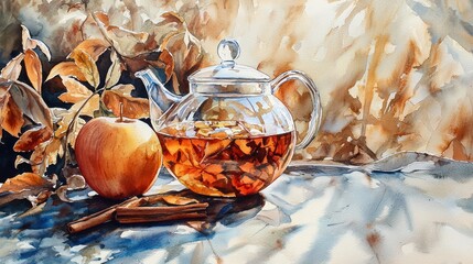 Poster - Autumnal still life glass teapot with tea, apple, cinnamon.