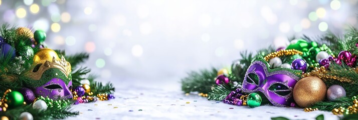 Wall Mural - An abstract background featuring Mardi Gras elements like colorful masks, beads, and festive hats, surrounded by soft bokeh lights