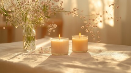 Poster - Two lit candles on a softly lit table with a vase of delicate flowers in the background, creating a serene atmosphere