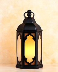 Wall Mural - Illuminated black metal lantern on beige background.