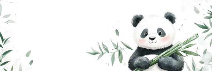 Fototapete - Cute panda holding bamboo in a serene setting with ample space for creative text placement. Generative AI