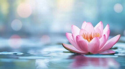 Poster - A peaceful pink lotus on a tranquil water surface, close-up shot, Minimalist style