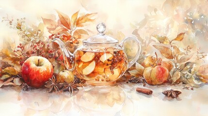 Poster - Autumn apple tea in glass teapot with cinnamon and anise.