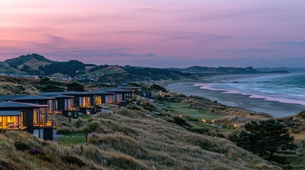 Canvas Print - Coastal sunset view of luxury beachfront houses.