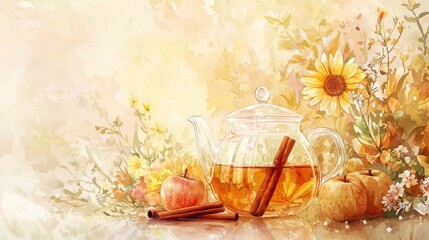 Poster - Glass teapot with apple cinnamon tea, sunflowers, and apples.