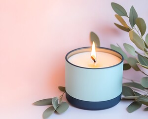 Canvas Print - Lit teal candle with eucalyptus leaves on pink background.