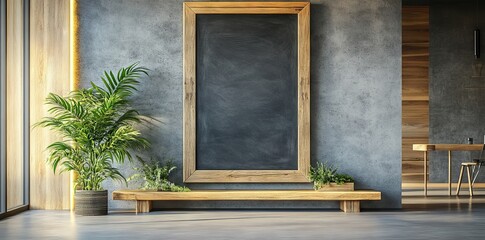 Empty Chalkboard in a Frame on a Rustic Wall Surrounded by Potted Plants