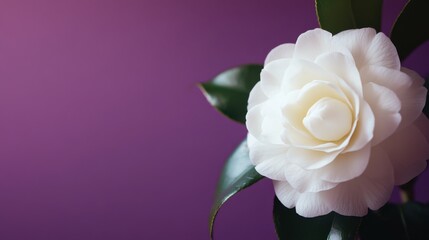 Poster - A serene white camellia against a rich purple background, close-up shot, Minimalist style