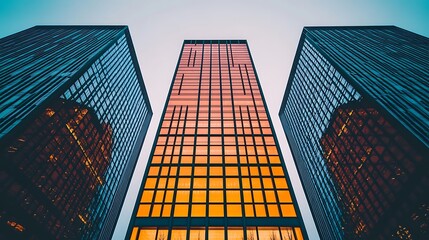 Wall Mural - Low angle view of three modern glass skyscrapers at dusk.