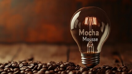 Creative light bulb design featuring mocha mousse and coffee beans on rustic wooden table