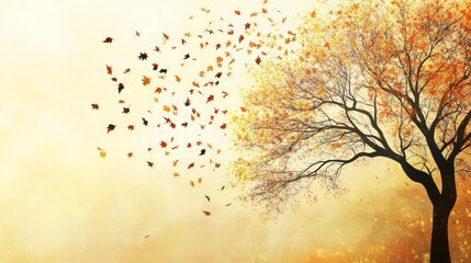 Aufkleber - Silhouette of tree with autumn leaves blowing in the wind.
