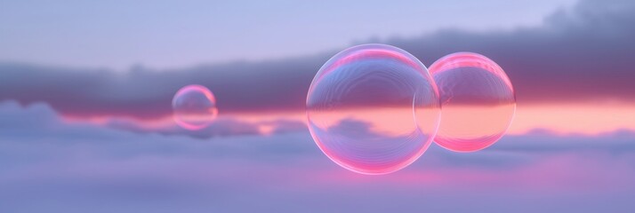 Wall Mural - Two pink bubbles floating in the sky with a purple background