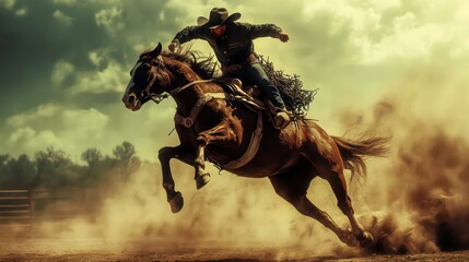 Cowboy riding a horse at full speed, kicking up dust.