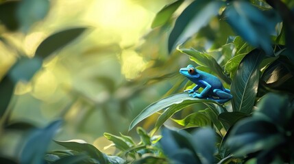 Wall Mural - Vibrant blue frog perched on lush green foliage in sunlight.