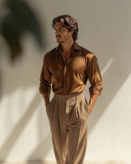 a sophisticated man in a mocha mousse shirt