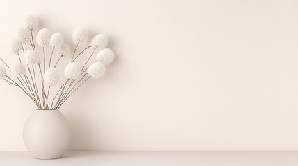 Canvas Print - Minimalist beige vase with fluffy white flowers against a light pink wall.