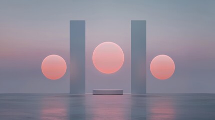 Wall Mural - a scene of three white pillars with three pink spheres in the middle