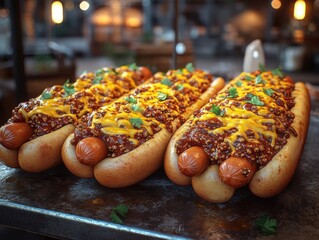 Wall Mural - Three delicious chili cheese hot dogs on a tray.