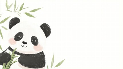 Poster - Panda happily holds bamboo against a clean background with plenty of space for text and creative design elements. Generative AI
