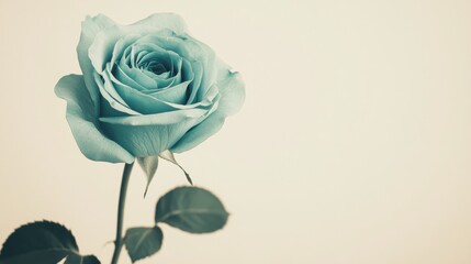 Aufkleber - A single soft teal rose against a light beige background, close-up shot, Minimalist style