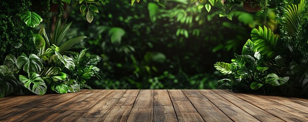Poster - Empty wooden table with blurred jungle background for displaying products