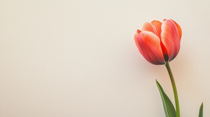 Poster - A single vibrant coral tulip against a light beige background, close-up shot, Minimalist style