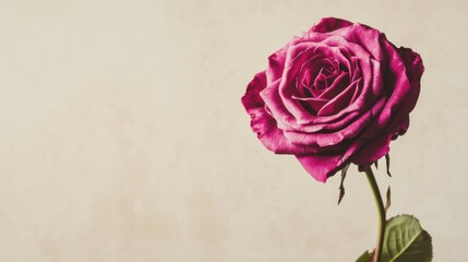 Poster - A single vibrant fuchsia rose against a light taupe background, close-up shot, Minimalist style