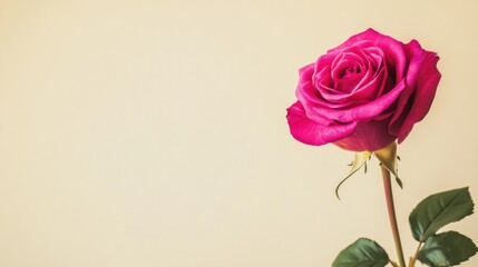 Poster - A single vibrant fuchsia rose against a light taupe background, close-up shot, Minimalist style