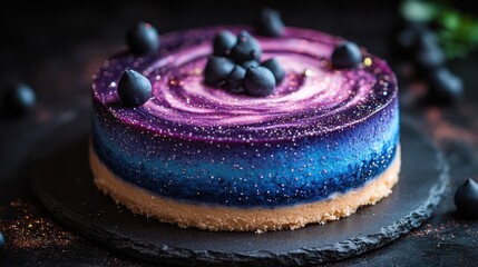 Minimalist galaxy-themed cheesecake with swirls of vibrant blue and dark chocolate