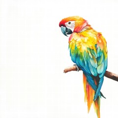 Poster - Bright parrot perched on a branch with vibrant feathers and clear background for mock up use or text placement. Generative AI