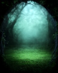 Poster - Mysterious foggy forest scene with green grass and archway.