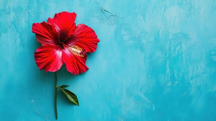 Poster - A solitary deep red hibiscus flower against a vibrant turquoise backdrop, close-up shot, Minimalist style