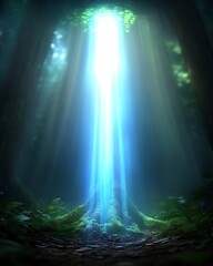 Poster - Mystical forest scene with bright light beam illuminating a tree base.