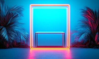 Poster - Neon light frame with tropical plants and empty display.