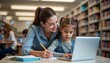 © Elina - Smiling teacher helping a young girl with homework on a laptop in a library surrounded by books and students