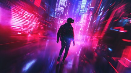 Wall Mural - Person wearing VR headset walking through a vibrant, neon-lit, futuristic city street.