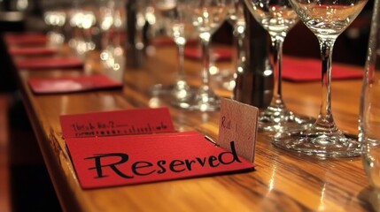 A reserved table sign on a beautifully decorated table at a rustic event venue. The warm lighting and elegant setup create an inviting atmosphere