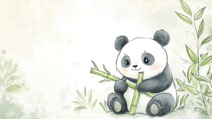 Aufkleber - Cute panda holding bamboo in a serene environment with space for text and decoration. Generative AI