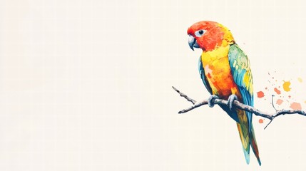 Aufkleber - Bright parrot illustrated resting on a branch with vibrant colors and plenty of copy space for text. Generative AI