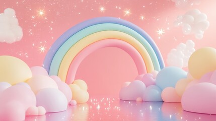 Wall Mural - Colorful pastel rainbow sky with fluffy clouds and sparkling stars, dreamlike fantasy landscape, magical pastel world