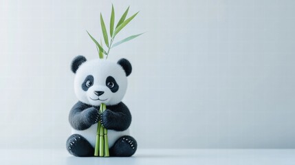 Leinwandbilder - Cute panda holding bamboo with empty space for text in a simple background suitable for design purposes. Generative AI