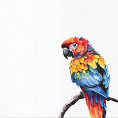 Poster - Bright parrot perched on a branch with vibrant colors and ample space for design elements. Generative AI