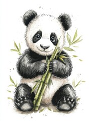Poster - Cute panda holding bamboo with empty space for text in a playful and adorable style. Generative AI