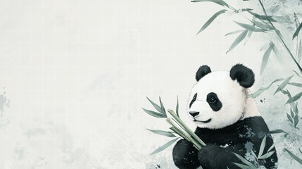 Poster - Panda joyfully holding bamboo in a serene setting with ample space for personalized text or messages. Generative AI